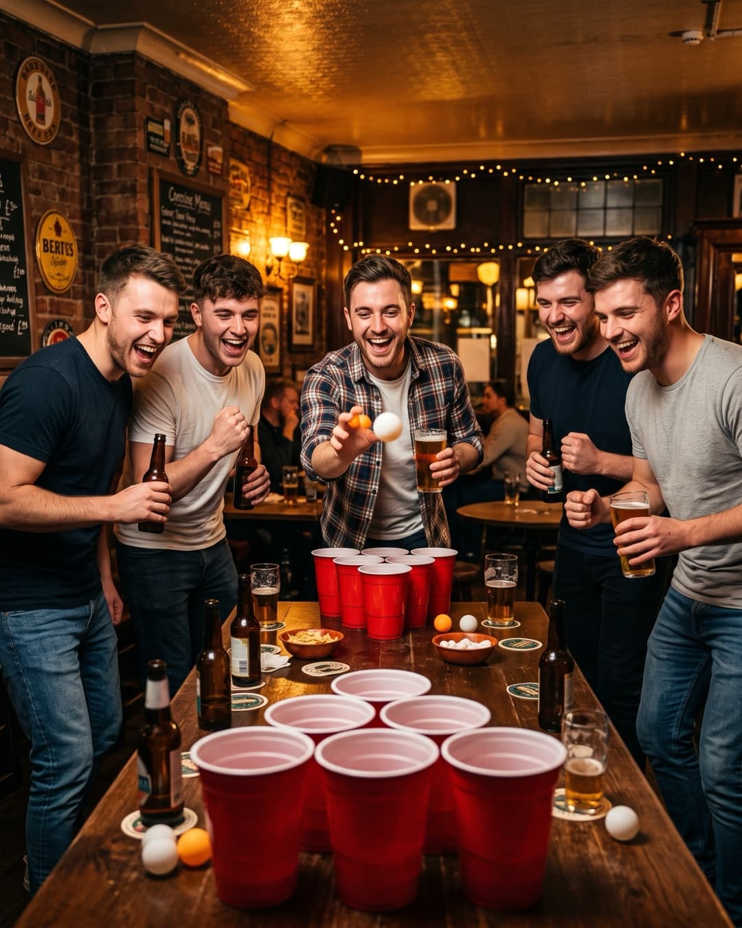 A group playing giant beer pong with beers in hand