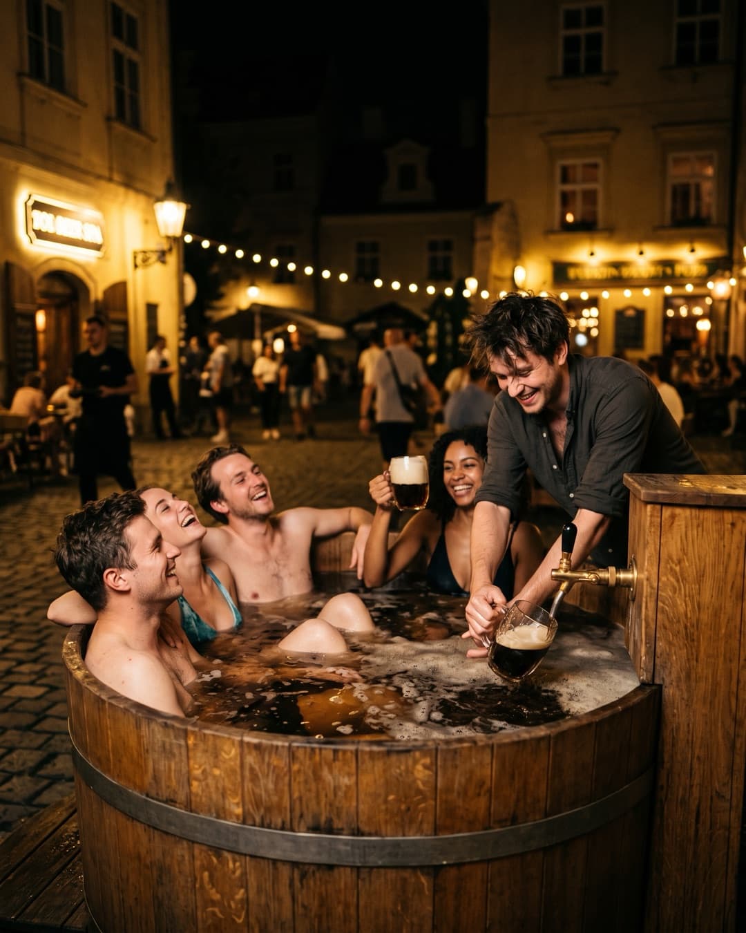 Wooden tubs in a beer spa