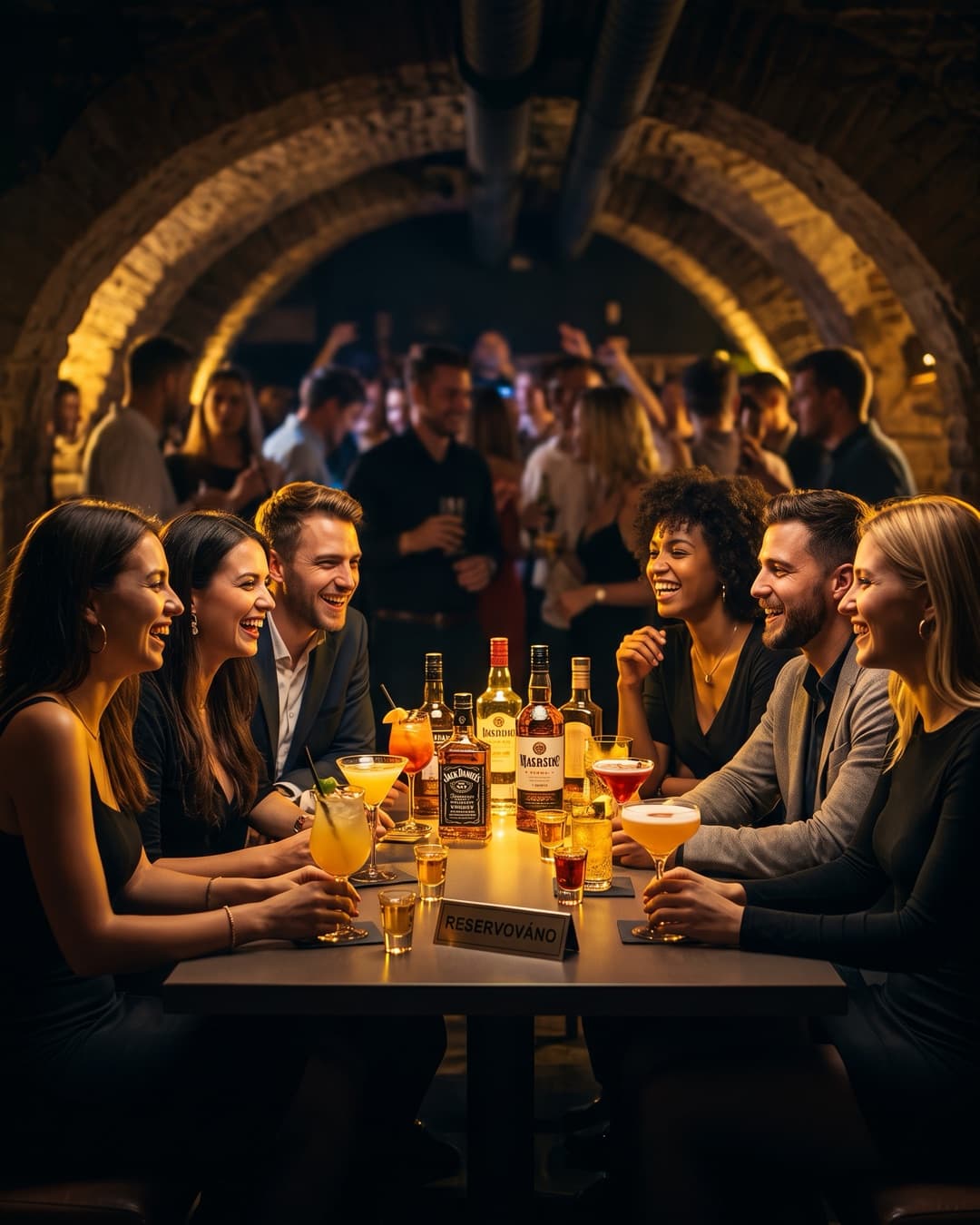 Friends at a reserved table in Nebe club with a row of cocktails and bottles