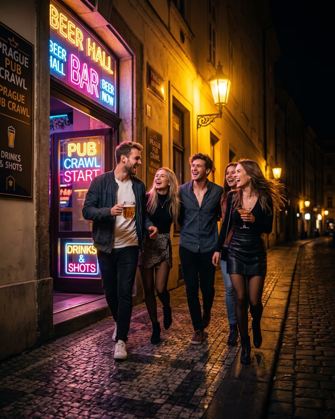 Crowd with drinks in hand leaving a bar for the next stop on the pub crawl