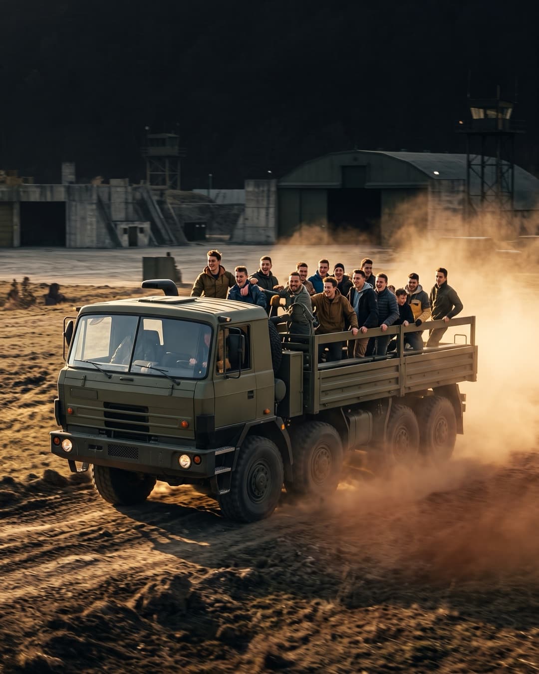 Tatra T-815 army truck carrying a group across a military base